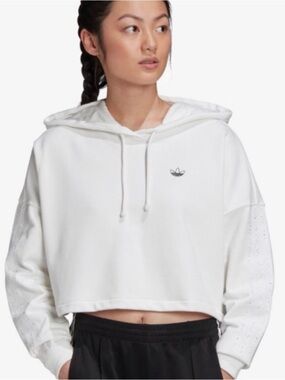 Adidas Rhinestone 3-Stripe Cropped Hoodie White Streetwear Sporty Womens M